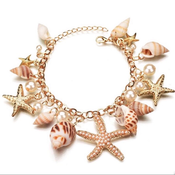 🌊🐚 Gold Charm Bracelet Real Shell Pearl Starfish - Picture 4 of 7